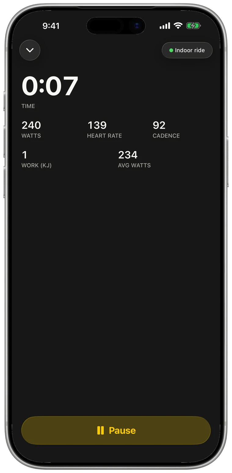 Heart rate, power and cadence from Bluetooth sensors, charted after you finish.
